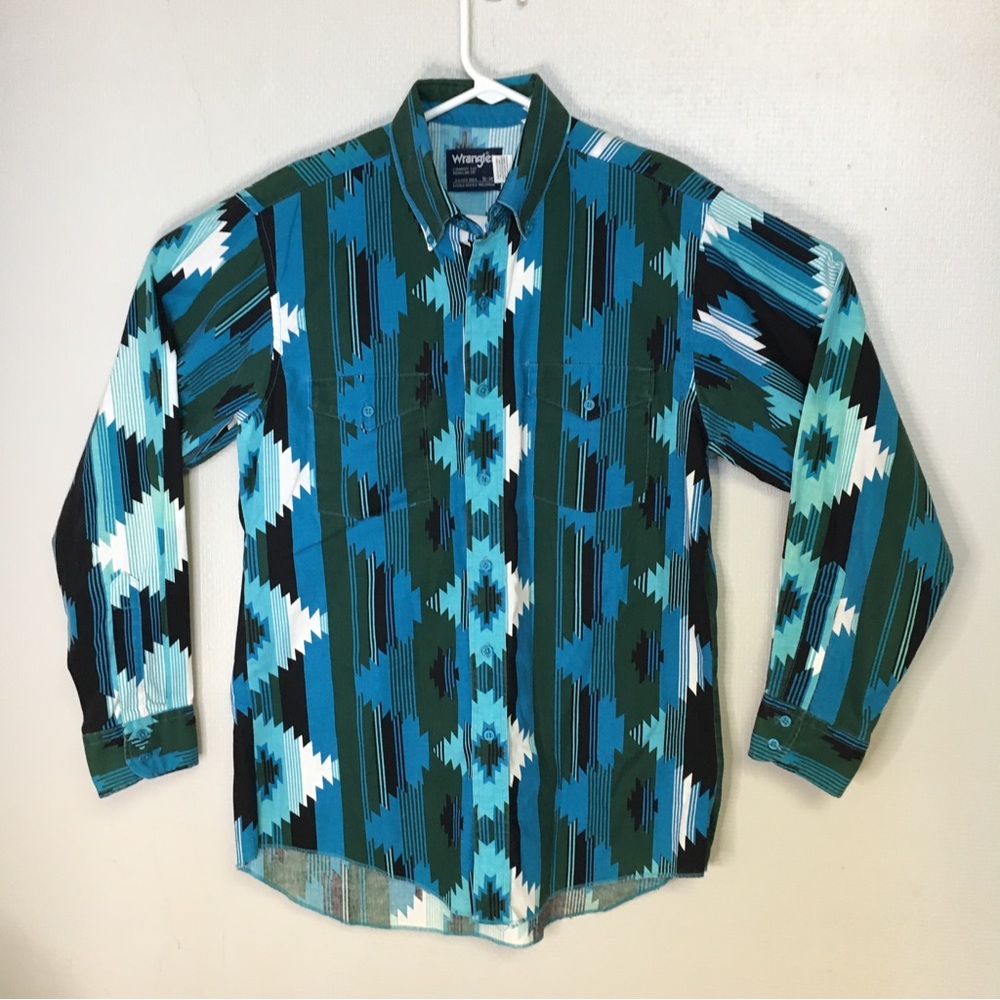 Wrangler blue Aztec button down shirt Mens Large Southwest Teal Turquoise VTG